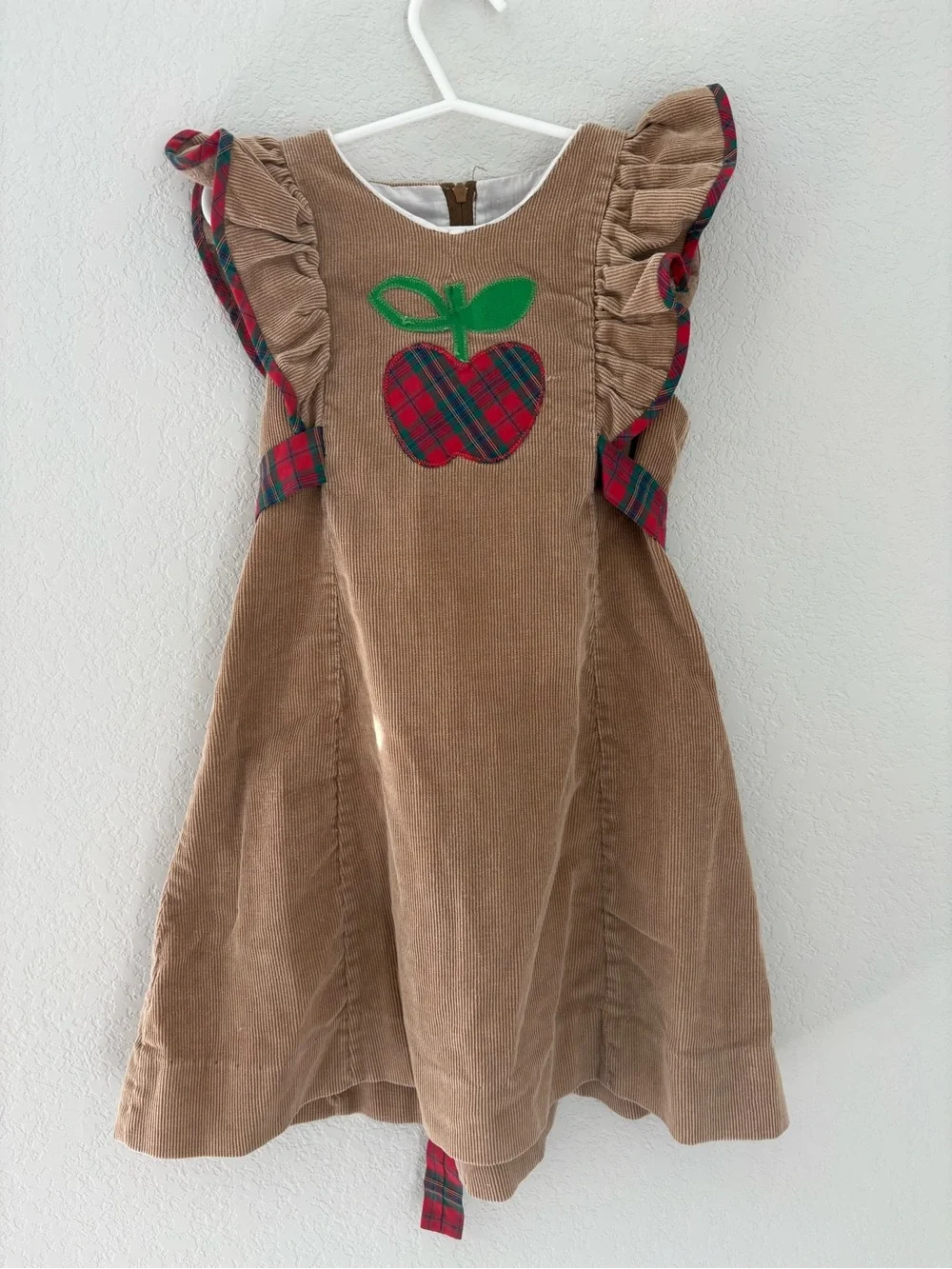 Vintage Girls First day of school dress Apple Corduroy Ruffle Sun Dress Size 5